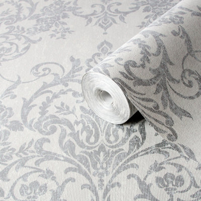 Goodhome Dovenby Grey Silver Effect Damask Textured Wallpaper