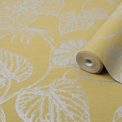 Goodhome Barnsley Ochre Metallic Effect Leaves Textured Wallpaper