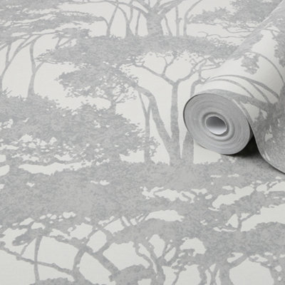 Goodhome Danson Grey Silver Effect Trees Textured Wallpaper