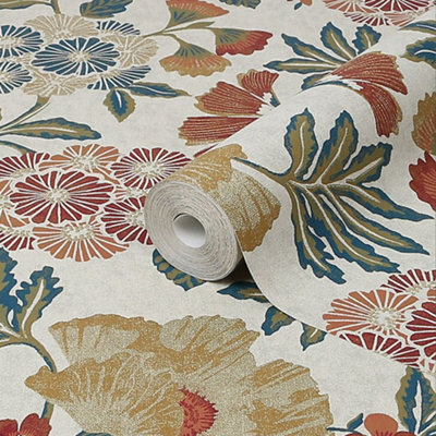 Goodhome Padworth Blue, Cream & Red Floral Textured Wallpaper