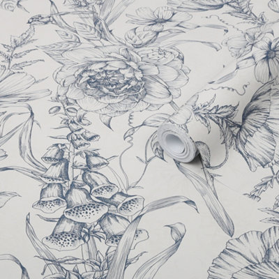 Goodhome Carnanton Navy Metallic Effect Floral Smooth Wallpaper