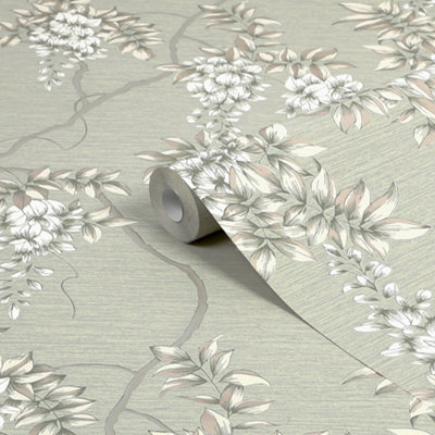 Goodhome Owletts Grey & Sage Metallic Effect Floral Textured Wallpaper