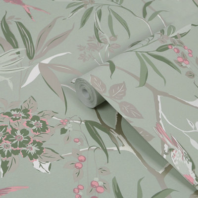 Goodhome Maristow Sage Metallic Effect Floral Textured Wallpaper