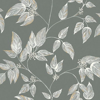 Goodhome Sapph Grey Leaf Textured Wallpaper