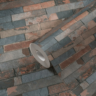 Goodhome Smara Red & Slate Brick Effect Textured Wallpaper
