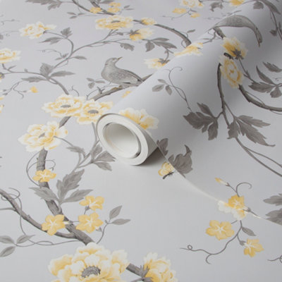 Goodhome Sandridge Grey & Yellow Metallic Effect Floral Smooth Wallpaper