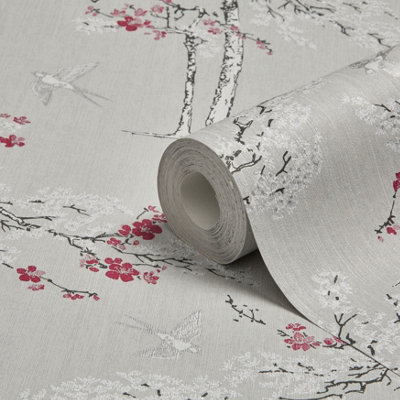 Goodhome Zumrut Grey & Plum Birds & Foliage Textured Wallpaper