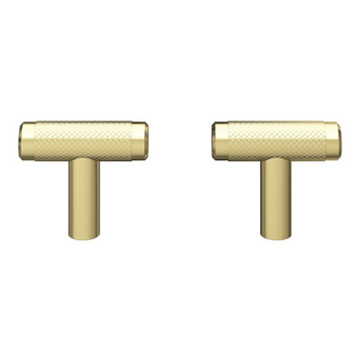 Goodhome Indus Brushed Steel Brass Effect T-Shaped Knurled Furniture Knob (Dia)40Mm, Pack Of 2