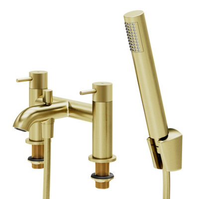 Goodhome Owens Satin Brass Effect Deck-Mounted Bath Mixer Tap With Shower Kit