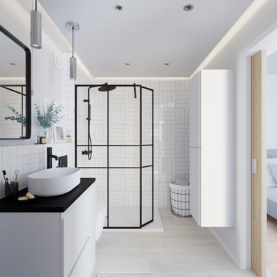 Goodhome Ahti Matt Black Textured Minimal Frame Walk-In Wet Room Glass Screen Printed With Aluminium Grid (H)195Cm (W)119Cm