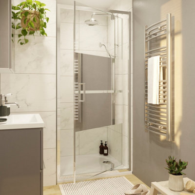 Goodhome Ledava Minimal Frame Chrome Effect Mirror Strip Half Open Pivot Shower Door (H)195Cm (W)76Cm