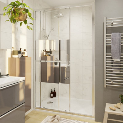 Goodhome Ledava Chrome Effect Mirror Striped Sliding Shower Door (H)195Cm (W)120Cm