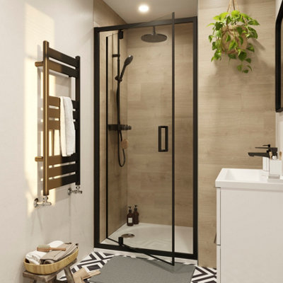 Goodhome Ledava Black Chrome Effect Clear Glass Half Open Pivot Shower Door (H)195Cm (W)100Cm