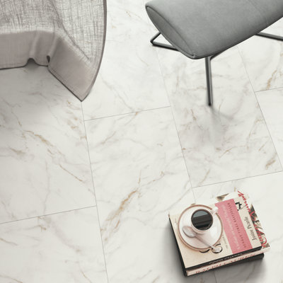 Goodhome Italo Ceramin White Deeply Textured Marble Effect Textured Click Vinyl Tile, 2.4M²