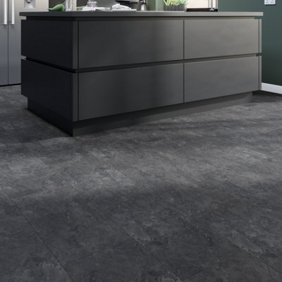 Goodhome Mambo Dark Grey Natural Slate Effect Textured Click Vinyl Tile, 2.23M²