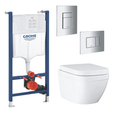 Grohe Euro Even Alpine White Rimless Oval Wall Hung Toilet With Soft Close Seat & Concealed Cistern & Plate Kit