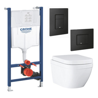 Grohe Euro Alpine White Rimless Oval Wall Hung Toilet With Soft Close Seat & Concealed Cistern & Matt Black Plate
