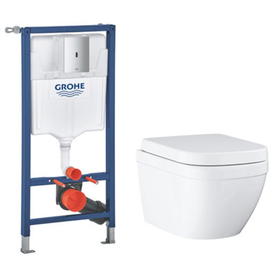 Grohe Euro Alpine White Rimless Oval Wall Hung Toilet With Soft Close Seat & Concealed Cistern
