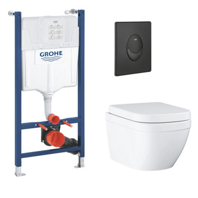 Grohe Euro Start Alpine White Rimless Oval Wall Hung Toilet With Soft Close Seat & Concealed Cistern & Matt Black Plate