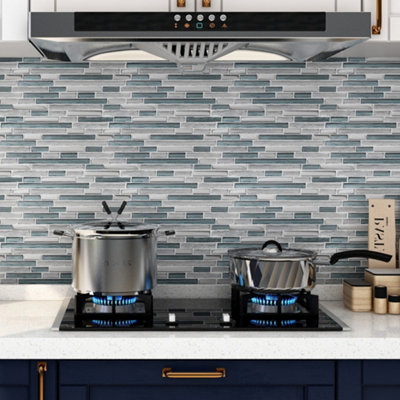 Goodhome Foxe Blue & Silver Polished Gloss Striped Glass Mosaic Tile Sheet, (L)300Mm (W)300Mm