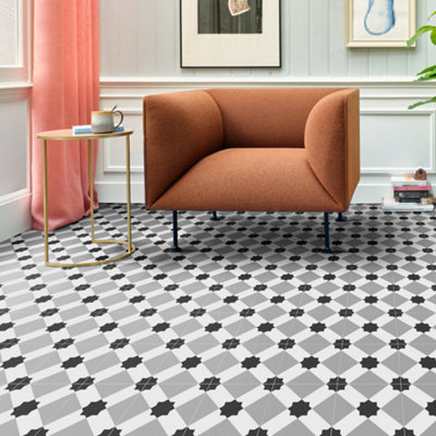 B&Q Precut Black, Grey & White Contemporary Geo Tile Effect Sheet Vinyl, 6M²