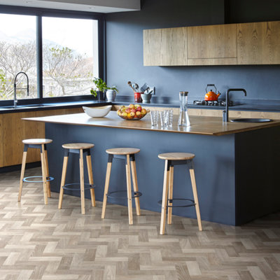 B&Q Precut Greige Oak Small Herringbone Parquet Effect Sheet Vinyl, 4M²