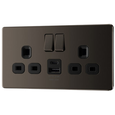 Goodhome Black Nickel Double 13A Flat Switched Screwless Socket With Usb, 13 X2 & Black Inserts