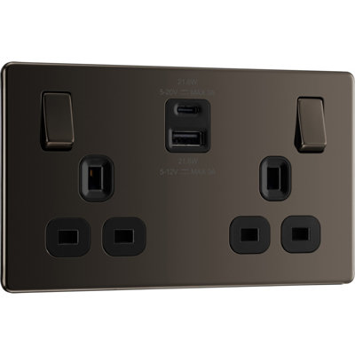 Goodhome Black Nickel Double 13A Flat Switched Screwless Socket With Usb, 13 X2 & Black Inserts
