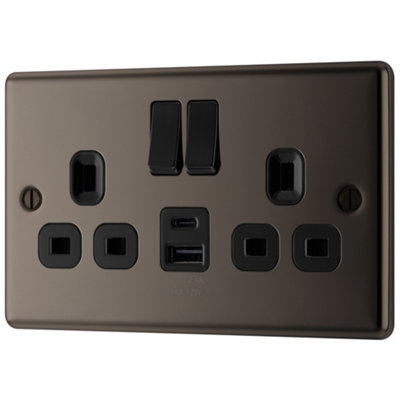 Goodhome Black Nickel Double 13A Raised Rounded Switched Screwed Socket With Usb, X2 & Black Inserts