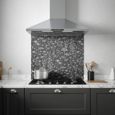 Laura Ashley Lisette Charcoal Silhouette Floral Self-Adhesive Glass Splashback, (H)750Mm (W)900Mm (T)6Mm