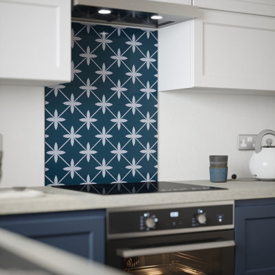 Laura Ashley Midnight Seaspray Wicker Geometric Self-Adhesive Glass Splashback, (H)750Mm (W)600Mm (T)6Mm