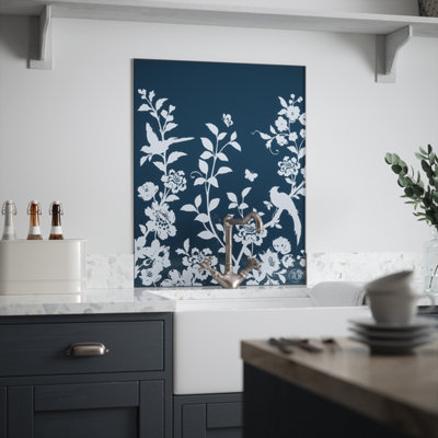 Laura Ashley Oriental Garden Midnight Seaspray Floral Print Glass Splashback, (H)750Mm (W)600Mm (T)6Mm
