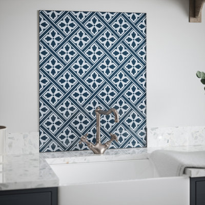Laura Ashley Mr Jones Midnight Seaspray Geometric Self-Adhesive Glass Splashback, (H)750Mm (W)600Mm (T)6Mm
