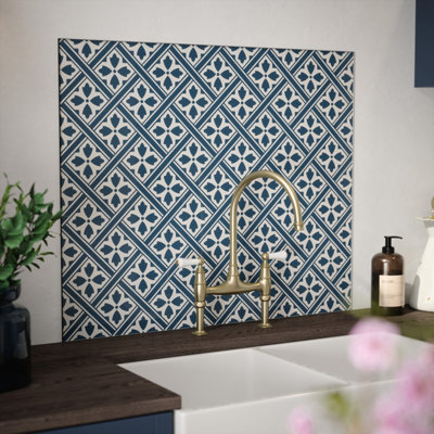 Laura Ashley Mr Jones Midnight Seaspray Geometric Self-Adhesive Glass Splashback, (H)750Mm (W)900Mm (T)6Mm