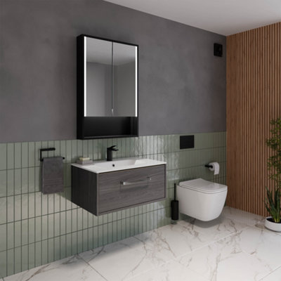 Sensio Sydney Matt Black Wall-Mounted Illuminated Mirrored Bathroom Cabinet (W)600Mm (H)900Mm