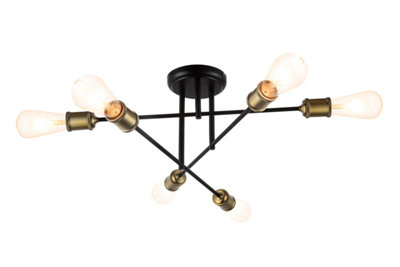 Goodhome Round Matt Metal Black Antique Brass Effect 6 Lamp Ceiling Light