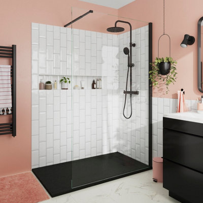 Goodhome Ledava Matt Black Textured Walk-In Wet Room Glass Screen (H)195Cm (W)90Cm