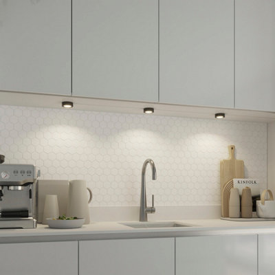 Goodhome Ledyard Black Mains-Powered Led Neutral White Cabinet Downlight Ip20 (L)64Mm (W)64Mm, Pack Of 3