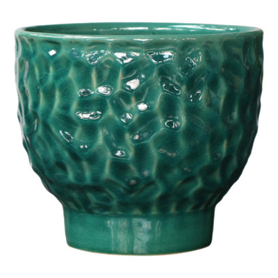 Verve Raised Bowl Painted Green Dimpled Ceramic Plant Pot (Dia) 17Cm, (H)13Cm