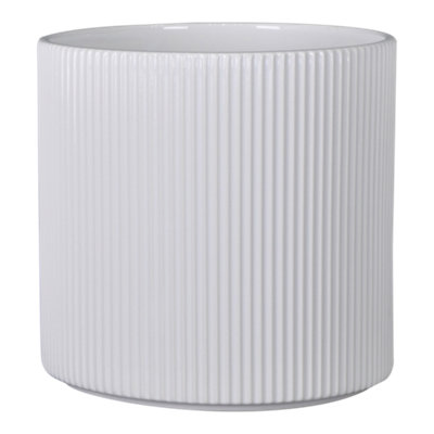 Verve Painted White Ribbed Ceramic Plant Pot (Dia) 16Cm, (H)16Cm