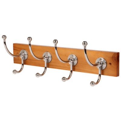 Goodhome Beehive Polished Gloss Natural Oak Chrome Effect Pine 4 Hook Rail (L)458Mm (H)153Mm