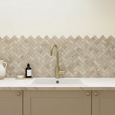 B&Q Travertino Beige Matt Herringbone Natural Stone Mosaic Tile Sheet, (L)310Mm (W)305Mm
