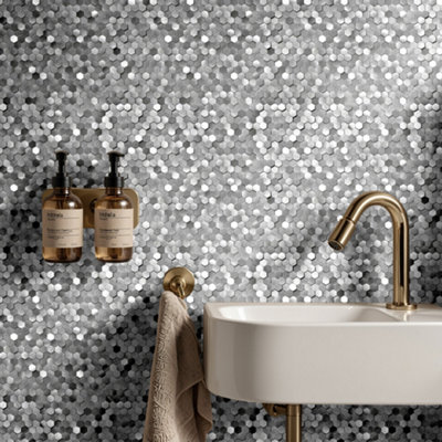 Goodhome Vatu Silver Brushed Matt Metal Effect Hexagon Aluminium Self-Adhesive Mosaic Tile, (L)307Mm (W)298Mm