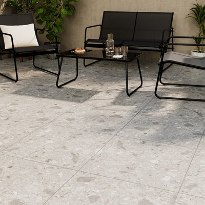 Goodhome Gourdo Light Grey Matt Terrazzo Stone Effect Textured Porcelain Outdoor Floor Tile, Pack Of 2, (L)600Mm (W)600Mm