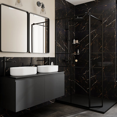 Goodhome Marciana Black & Gold High Gloss Marble Effect Porcelain Indoor Wall & Floor Tile, Pack Of 2, (L)1200Mm (W)600Mm