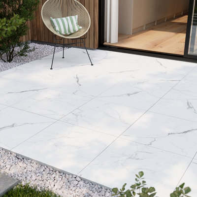 Goodhome Kamar White Matt Marble Effect Porcelain Outdoor Floor Tile, Pack Of 2, (L)600Mm (W)600Mm