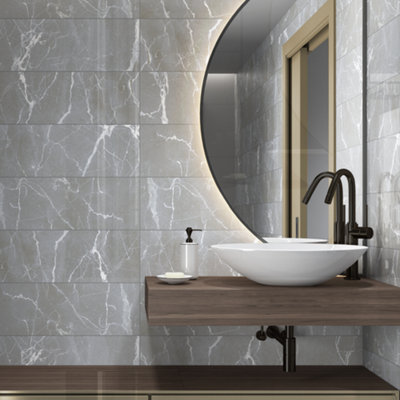 Goodhome Elegance Silver Gloss Marble Effect Ceramic Indoor Wall Tile, Pack Of 12, (L)600Mm (W)200Mm