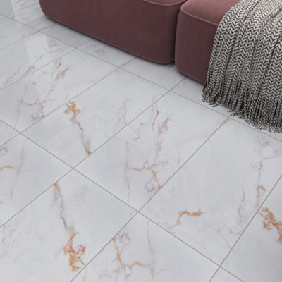 Goodhome Elegance Marble White & Gold Gloss Marble Effect Ceramic Indoor Wall & Floor Tile, Pack Of 6, (L)600Mm (W)300Mm