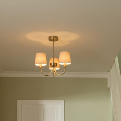 Goodhome Nunbird Satin Fabric & Metal Oatmeal Antique Brass Effect 3 Lamp Led Ceiling Light