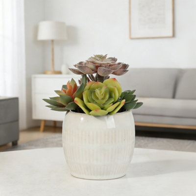B&Q White 17.5Cm Succulent Plant Pot With Artificial Plant In White Ceramic Pot